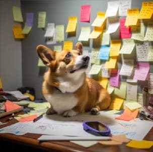 A Corgi seated on a desk, with sticky notes behind it