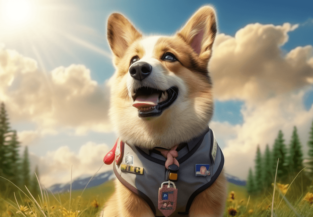 A Corgi dressed as a scout smiling against a sunlit field